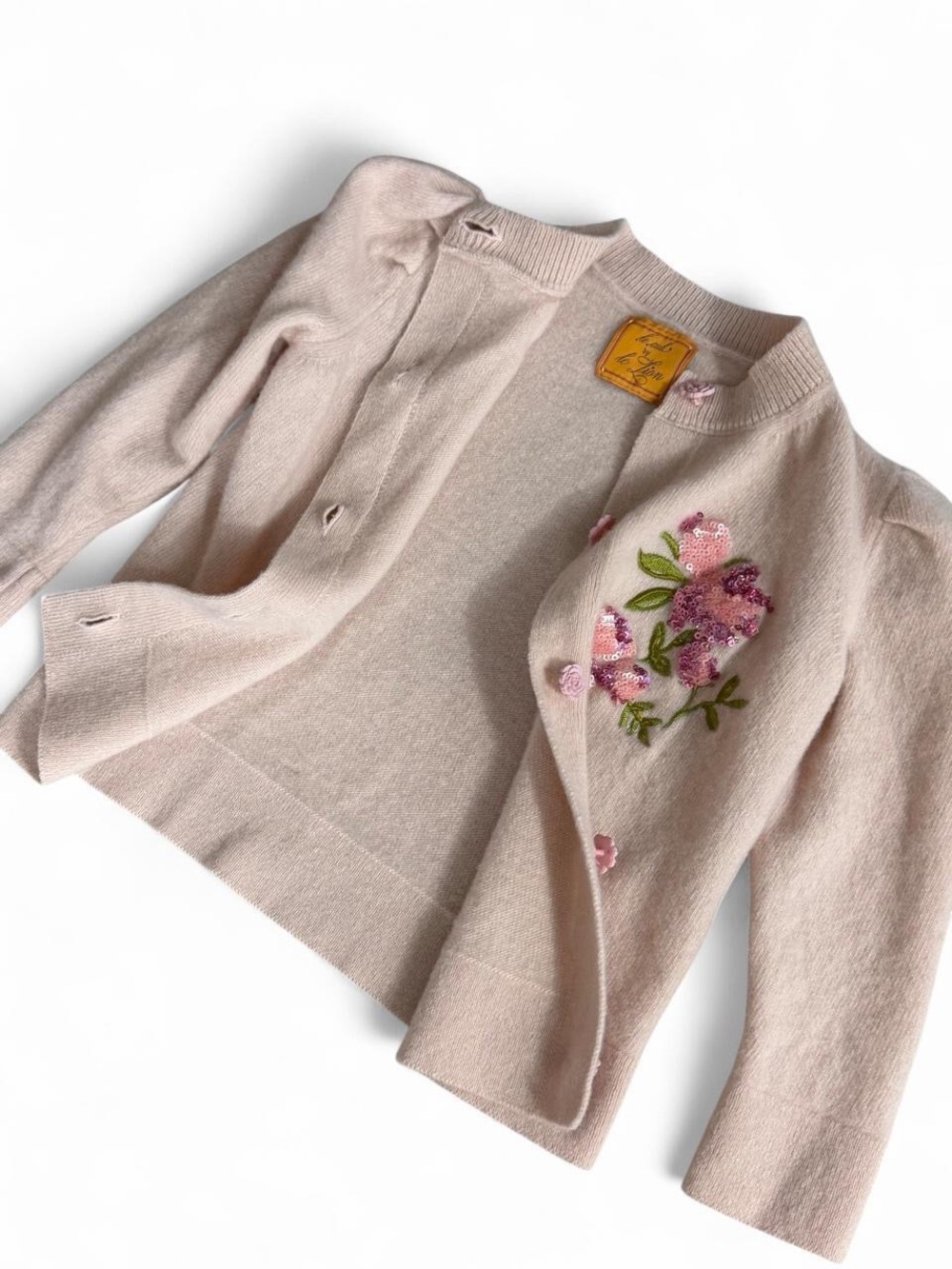 Le Lion Le Cub Kids Pink Merino Wool Cardigan S 4-6 Puff Sleeve Floral Heirloom